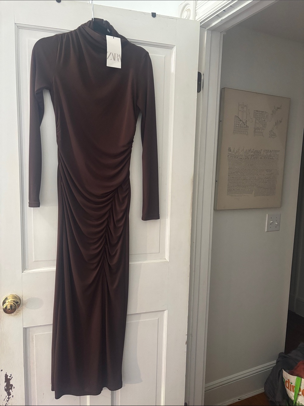 Zara Chocolate Brown Long Sleeve Ruched Midi Dress